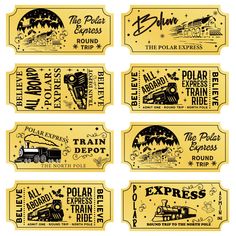 the polar express train ticket set is shown in black and yellow, with an image of a