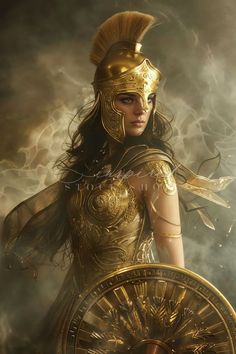 a woman dressed in gold and holding a wheel with lightning coming out of the background