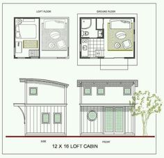 the floor plan for a small cabin with two lofts and an attached kitchen area