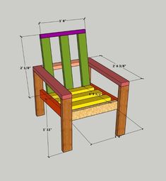 a wooden chair with measurements for the seat and back side, sitting in front of a gray background