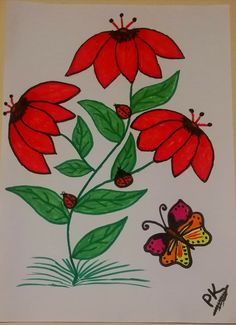 a drawing of red flowers and butterflies on white paper