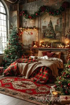 a bedroom decorated for christmas with lots of holiday decorations