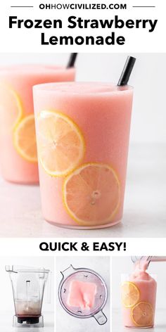 the ingredients for frozen strawberry lemonade are shown in this collage with text overlay