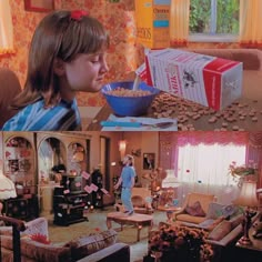 a girl is eating cereal in the living room with other furniture and decorations around her