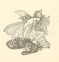 a drawing of a fairy sitting on top of a wave