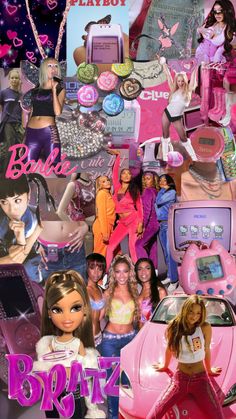 a collage of barbie dolls and other items