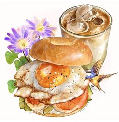 an image of a sandwich and drink with flowers