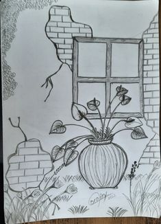 a drawing of a vase with flowers in front of a brick wall and an open window