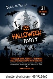 a halloween party flyer with pumpkins, bats and graveyard on the full moon background