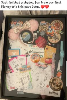 an image of the inside of a box with disney pins and other items in it