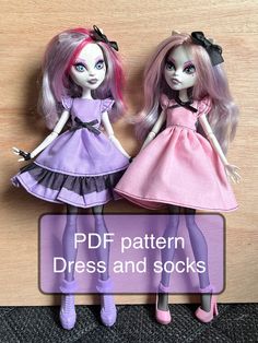 two dolls are standing next to each other on a table with the text pdf pattern dress and socks