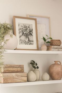 the shelves are filled with vases and other decorative items