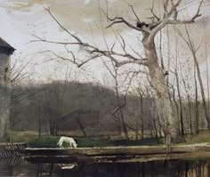 a painting of a white horse grazing in a field next to a tree and building