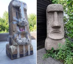 two sculptures made out of cardboard sitting next to each other on the side of a building