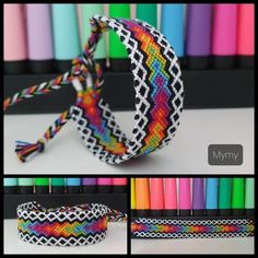 there are several different types of bracelets on the table with crayons in the background