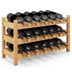 a wooden wine rack filled with lots of bottles