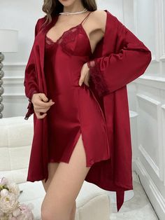 Kimono Sleepwear, Kimono Gown, Cami Slip Dress, Lingerie Babydoll, Dress With Stockings, Satin Sleepwear, Lace Trim Cami, Pajamas Sets, Beach Swim