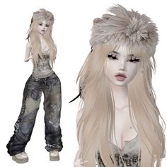 an image of a woman with long blonde hair and fur on her head, standing in front of a white background