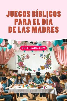 a group of people sitting around a table in front of balloons and streamers with the words jecos biblios para el dia de las madres