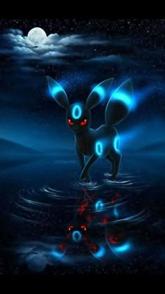 an animated image of a pokemon in the water at night with red eyes and glowing ears