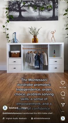 an advertisement for the montessori wardrobes website on a wooden floor with white cabinets and drawers