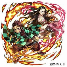 two anime characters flying through the air in front of fire and flames with their arms around each other