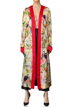 Elegant and Timeless! Kyle x Shahida long satin robe with Bird Print contrast Color Shawl collar; wrap front. Long Sleeves. Self-tie sash at waist. Relaxed silhouette. Hem falls below knees. Hand wash. Imported Robe DETAIL - HANDMADE & HANDCRAFTED Luxury Loungewear & Loungewear Sets for Women: Elegant and Timeless, we can see why silk coats and Silk Duster and lightweight silk jacket are designer Kyle X Shahida brand signature. This iteration is made of lustrous Viscose silk-satin and fe Silk Duster, Long Silk Kimono, Dress Shawl, Silk Robe Long, Silk Robes, Luxury Loungewear, Silk Coat, Floral Print Kimono, Long Duster