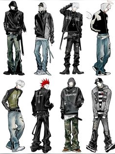 six different poses of people in black and white outfits, one with red mohawk hair