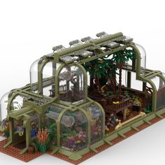 an image of a building made out of legos with plants and animals in it