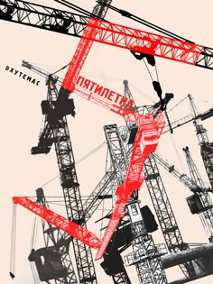 red and black photograph of cranes with the word dynamite on it's back side