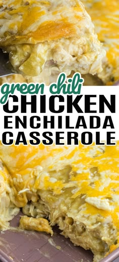 A slice of green chili chicken enchilada casserole on a spatula and in a baking dish