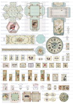 an assortment of decorative paper pieces and clocks