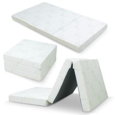 three different angles of a mattress on a white background