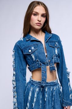 STRESSED OUT CUT OUT CROP DENIM JACKET – AKIRA Crop Denim Jacket, Pleated Denim, Bulk Up, Studded Belt, Cropped Denim Jacket, Washed Denim, Stressed Out, Jacket Design, Denim Mini