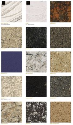 the different types of granites are shown in various colors and sizes, including black, white