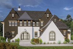 this is an artist's rendering of a house in the country style with large windows