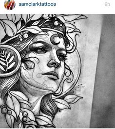 a woman's face with flowers and leaves on her head is shown in this tattoo design