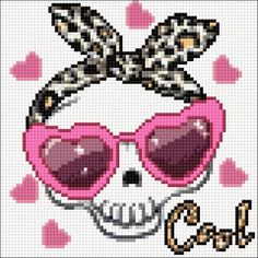 a cross stitch skull wearing sunglasses and a bow