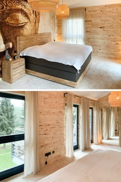 two pictures of a bedroom with wood paneling