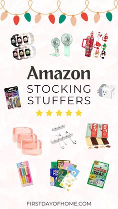 Collage of stocking stuffer gifts. Text overlay reads "Amazon Stocking Stuffers". Christmas Stocking Stuffers, Air Dry Clay, Stocking Stuffer, Painting Projects, Amazon Prime, Clay Crafts