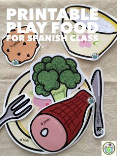 the printable play food for spanish class includes broccoli, meat and rice