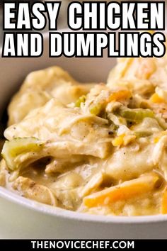 easy chicken and dumplings recipe in a white bowl with text overlay that reads easy chicken and dumplings