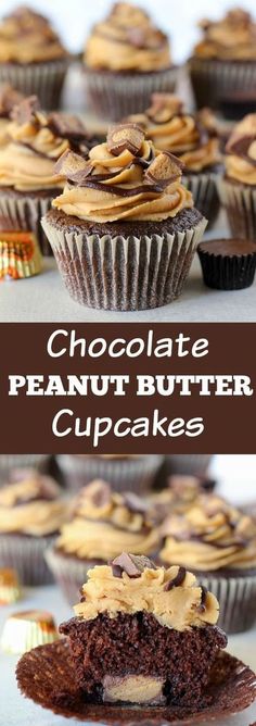 Chocolate Peanut Butter Cupcakes - Moist chocolate cupcakes stuffed with peanut butter cups and topped with peanut butter frosting and chopped peanut butter cups. Reeses Peanut Butter Cupcakes, Butter Cupcake Recipe, Cupcake Recipes Chocolate, Peanut Butter Frosting, Peanut Butter Filling, Butter Frosting