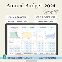 the annual budget spreadsheet is displayed on a computer screen with google sheets to customize it