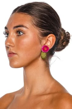 These organza floral drop earrings are thread-wrapped and feature beaded details in a cactus motif. 14k gold plated brass Stainless steel post Genuine leather backing L: 2", W: 1" Big Colorful Earrings, Cactus Motif, Embroidery Earrings, Textile Earrings, Earrings Diy Handmade, Knitting Clothes, Embroidered Earrings, Jewelry Fabric, Diy Leather Earrings