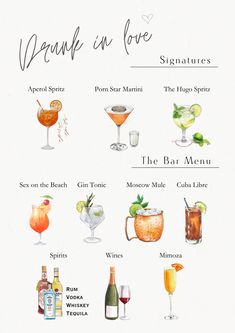 a poster with different types of cocktails and drinks on it's side, including the names of each drink