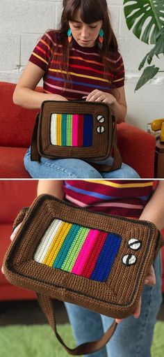 a woman sitting on a couch holding a brown bag with multicolored stripes in it