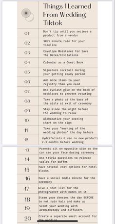 an info sheet with the words things i learned from wedding titles