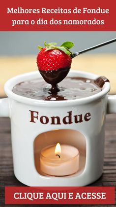 a chocolate fondue with a strawberry on top and the words fondue above it