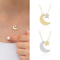 14k Gold Moon and Star Necklace Crescent and Star Charm, Handmade Jewelry, Celestial Pendant, Birthday Gift, Charm Necklace, Gift for Her - Etsy United Arab Emirates Moon And Star Necklace, Celestial Pendant, Gold Moon, Moon And Star, Arab Emirates, Star Charms, United Arab Emirates, Star Necklace, Necklace Gift